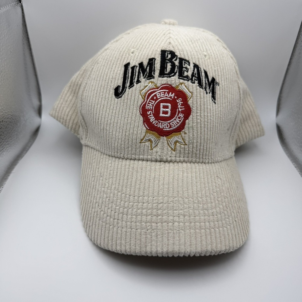 Jim Beam Strapback Hat Cream White Ivory Corduroy Embroidered 6 Panel Cap Clean